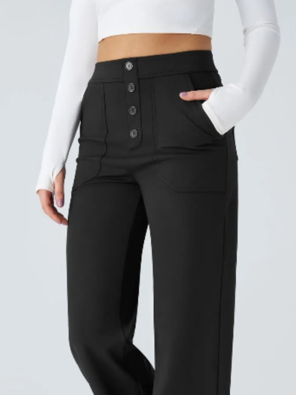 Halara DayStretch Black High Waisted Pockets Wide Leg Crop Casual Pant LP Button